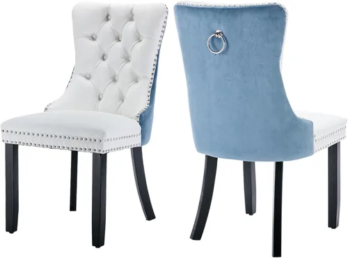 Miniatura 24 de Juego de 2 sillas de comedor de terciopelo, silla de comedor tapizada de alta gama con tirador de anillo en la espalda, adorno de clavos y patas