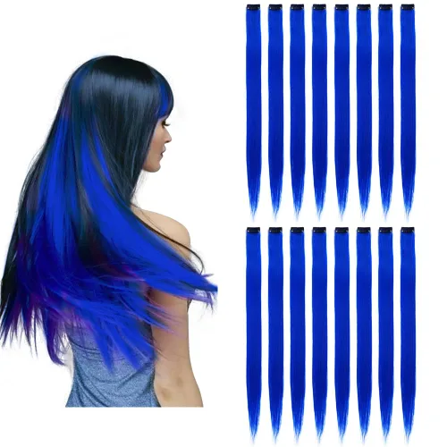 Miniatura 15 de 16 piezas de extensiones de cabello con clip de color púrpura, varios colores, para fiestas, clip en postizo sintético, para Halloween, cosplay