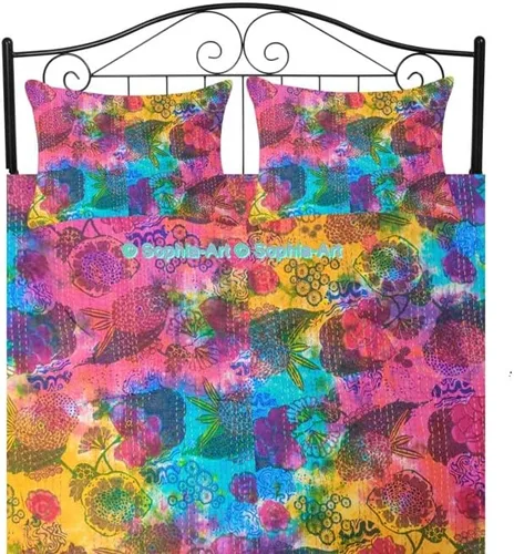 Miniatura 13 de Sophia-Art Colcha reversible de frutas indias para cama individual/king con patrón Gudri de algodón puro estilo Kantha, colcha decorativa con Rosa
