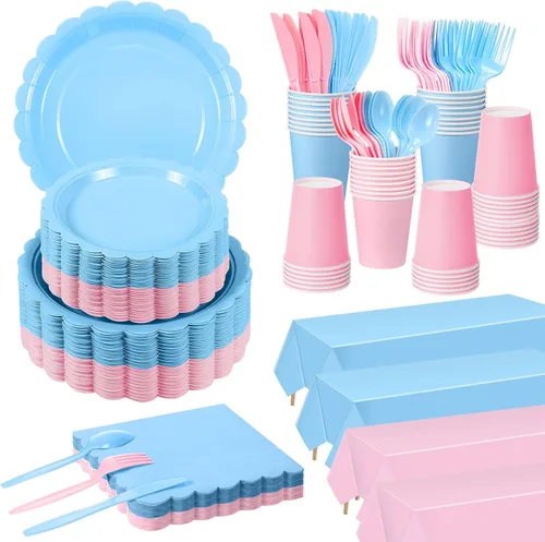 Miniatura 11 de Tegeme 256 piezas de suministros de fiesta de lunares burdeos y dorados, platos de papel, servilletas granate, vasos, vajilla desechable, mantel