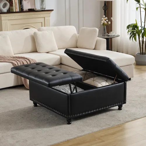 Miniatura 15 de Tbfit Banco otomano de almacenamiento cuadrado grande, mesa de centro otomana tapizada con tapa de elevación y patas de madera maciza, caja de Marrón