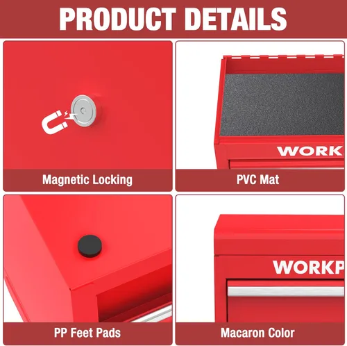 Miniatura 4 de WORKPRO Mini caja de herramientas de metal con 2 cajones y almacenamiento superior, pequeña caja de herramientas con forros de PVC y almohadillas