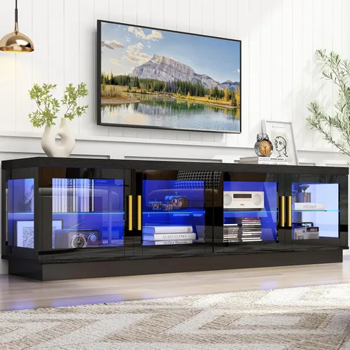 Miniatura 3 de Hlivelood Soporte de TV LED de 71 pulgadas para TV de 85/80/75 pulgadas, soporte de TV negro brillante moderno para sala de estar, centro