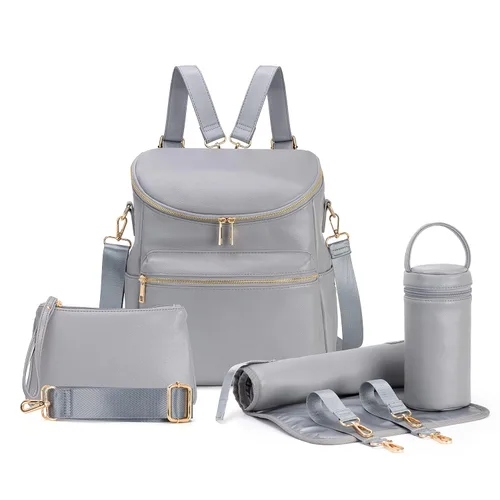 Miniatura 8 de Mochila para pañales, mochilas de cuero de moda para mamá, bolsas de pañales para bebés pequeños con organizador en bolsa y cambiador, Negro, M
