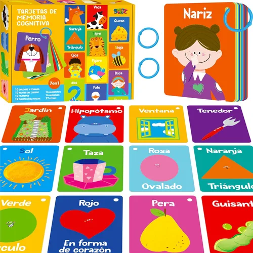 51 PIEZAS Tarjetas cognitivas en español para bebés, impresas a doble cara, 7 en 1 tarjetas coloridas, alfabeto, números, alimentos, animales,