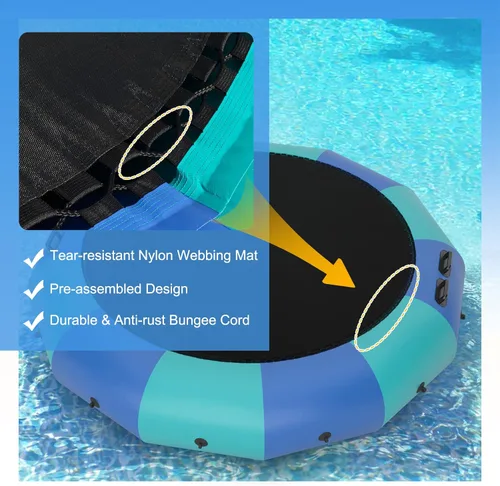 Miniatura 5 de Giantex Trampolín acuático inflable de 10 pies, 12 pies y 15 pies, trampolín flotante con soplador de 500 W y escalera de cuerda de 3 escalones