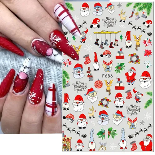 Miniatura 4 de 8 hojas de calcomanías de uñas de Navidad 3D, calcomanías de uñas de Navidad de invierno, dibujos animados, alce, copo de nieve, Papá Noel, muñeco