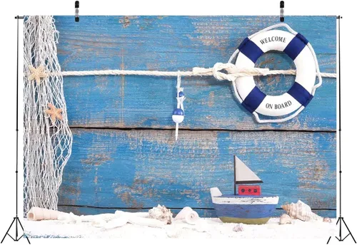 Miniatura 3 de BELECO Telón de fondo náutico de tela de 10 x 6.5 pies, boya salvavidas y bote de juguete sobre fondo de madera azul, telón de fondo de fitografía