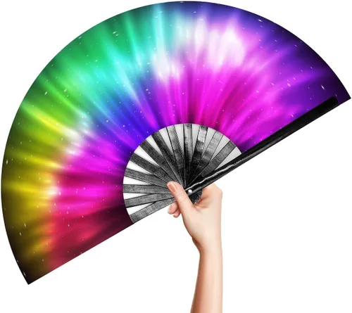 Miniatura 14 de OMyTea Ventilador de mano plegable grande Rave Clack para hombres y mujeres, ventilador de mano de bambú chino japonés - para EDM, festival de Aurora