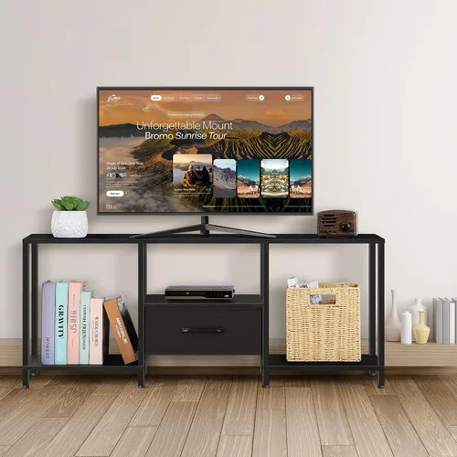 Miniatura 6 de LIANTRAL Soporte de TV negro para dormitorio con armario de almacenamiento de hasta 50 pulgadas, mesa consola de TV pequeña con tomas de corriente
