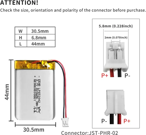 Miniatura 3 de EEMB Batería de polímero de litio 3.7V 820mAh 653042 Lipo Batería recargable con conector JST de cable para altavoz y dispositivo inalámbrico