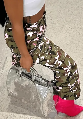 Miniatura 3 de Pantalones cargo de camuflaje para mujer, cintura alta, holgados, pierna ancha, camuflaje militar, pantalones deportivos ajustados con bolsillo