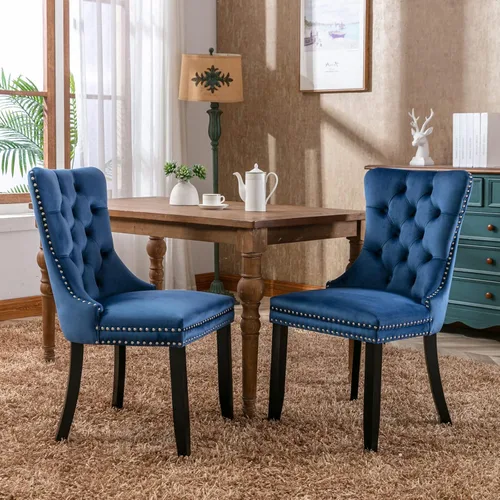 Miniatura 10 de i-POOK Juego de 2 sillas de comedor tapizadas de terciopelo, sillas de comedor con respaldo de alas con tirador de anillo, ribete de cabeza de clavo