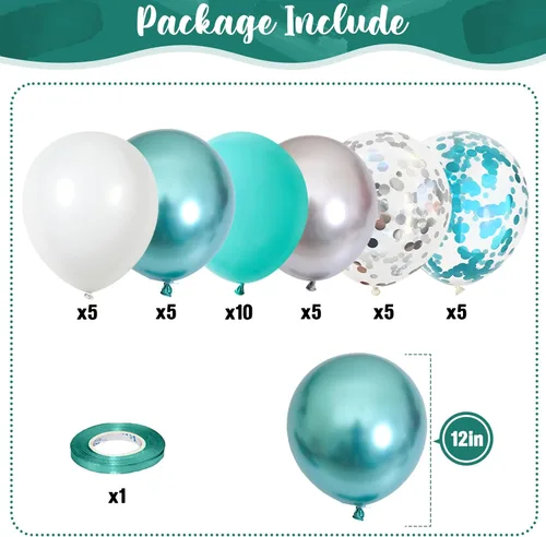 Miniatura 2 de Globos de látex de confeti azul turquesa, azul claro, menta, verde, plateado y blanco, juego de globos de látex de confeti, azul aguamarina, blanco