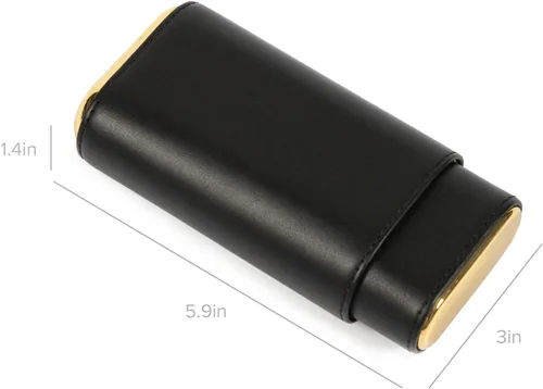 Miniatura 8 de CASE ELEGANCE Funda protectora de viaje premium de 3 puros, cuero negro auténtico de grano superior, forrado de cedro con tapas de metal dorado