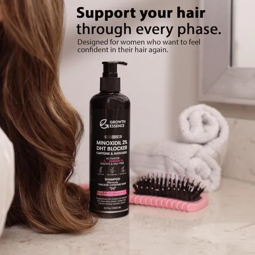 Miniatura 3 de Champú Minoxidil al 2% para mujer – Growth Essence Premium, champú para el crecimiento del cabello con biotina, cafeína y bloqueadores de DHT