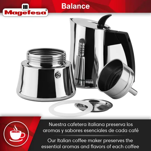 Miniatura 4 de Magefesa Balance - Cafetera de café expreso de acero inoxidable de 6 tazas, cafetera italiana clásica con mango y perilla de baquelita, cafetera