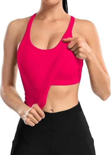 Miniatura 179 de ATTRACO Camiseta corta acanalada de entrenamiento para mujer con brasier integrado para yoga, espalda cruzada, ajuste ajustado