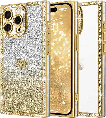 Miniatura 19 de Funda para iPhone 13, funda de diamantes de imitación de lujo con patrón de corazón de amor de cristal [papel con purpurina extraíble], parachoques