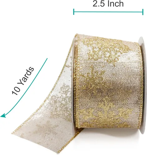 Miniatura 2 de Tela metálica dorada champagne con cinta de copo de nieve dorado con alambre de 2.5 pulgadas x 10 yardas para decoración del hogar de Navidad, lazo
