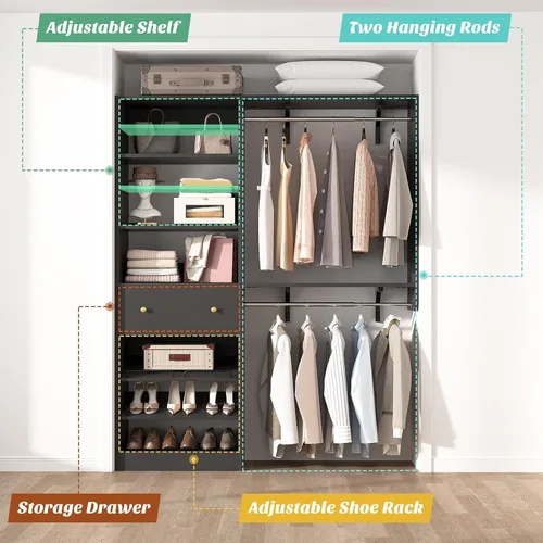Miniatura 6 de Sistema de armario con cajón: sistema organizador reversible de madera de 5 pies con 2 varillas para colgar y estante ajustable, organizadores