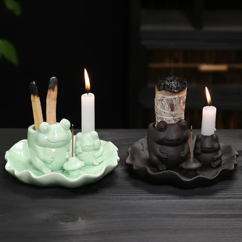 Miniatura 5 de ChangWanna Soporte multifuncional para incienso de rana 4 en 1, soporte de Palo Santo, soporte de salvia, soporte de incienso de cerámica