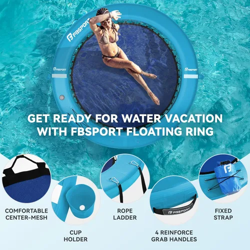 Miniatura 4 de FBSPORT Hamaca inflable de agua redonda flotante, 10/8/6 pies, plataforma flotante para lago con portavasos, flotador solar, balsa fría, anillo
