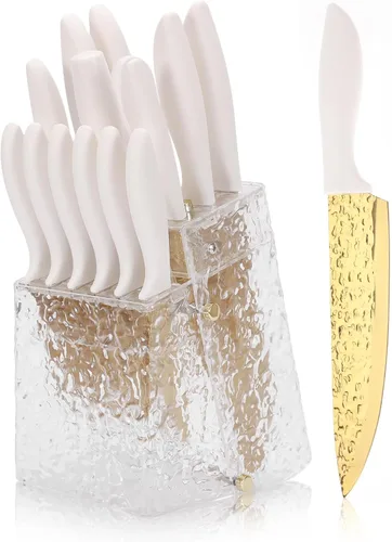 Juego de cuchillos de cocina antiadherentes con bloque de cuchillos, cuchillos dentados, tijeras y afilador, 15 piezas de acero inoxidable de