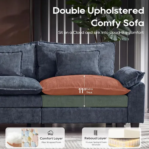 Miniatura 3 de URRED Cloud Couch Sofá Seccional Modular, Sofá Moderno en Forma de U de Asiento Profundo de 157", con 2 Otomanas y Almohadas, Sofás de Chenilla Azul