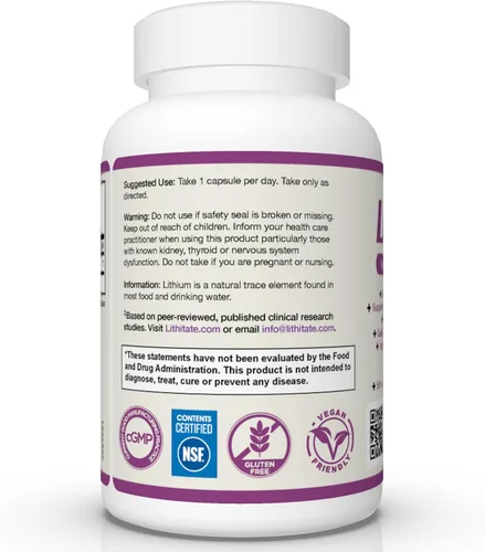 Miniatura 7 de Aspartato de litio de 10 mg Apoya la función cognitiva y la salud cerebral con el envejecimiento Certificado NSF Promueve la claridad mental