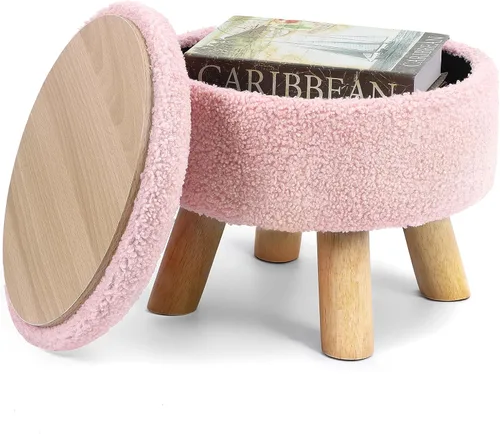 Miniatura 11 de OGEMXU Reposapiés otomano, otomana redonda pequeña con almacenamiento, taburete Boucle de terciopelo con patas de madera, otomana de almacenamiento