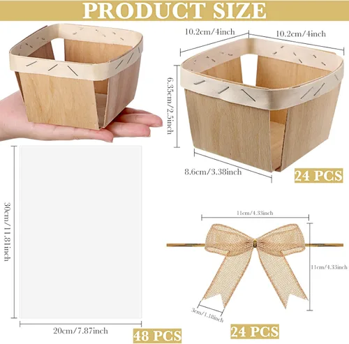 Miniatura 2 de Kigley Juego de 24 cestas de regalo de Navidad de madera, cesta de regalo pequeña vacía con bolsas de celofán, lazos, cesta para Acción de Gracias