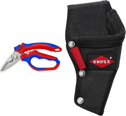 KNIPEX Tools Tijeras de electricista de acero inoxidable 95 05 20 US angulares, 6-1/4", Rojo/Azul y Herramientas 00 19 75 LE Bolsa de cinturón