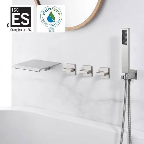 Miniatura 2 de Grifo de bañera de montaje en pared de níquel cepillado con ducha de mano y caño de cascada ancho alto caudal, SUMERAIN