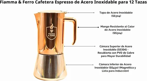 Miniatura 10 de FIAMMA & FERRO Olla italiana para moka de alta calidad, acero inoxidable de 12 tazas (20.3 fl oz), acabado PVD de cobre, compatible con inducción