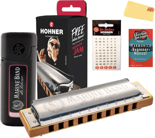 Hohner Marine Band 1896 Classic Harmonica - Paquete de llave de C # con funda, calcomanías para llaves, manual de instrucciones y paño de pulido de