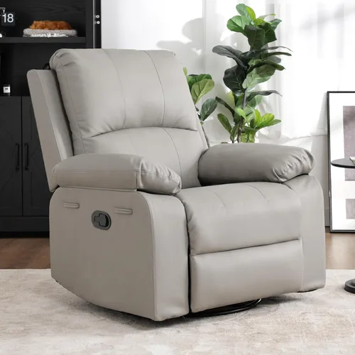 Miniatura 13 de Silla reclinable giratoria de cuero de 360° para adultos, sillón reclinable manual con cojín de resorte, sofá individual con bolsillos laterales