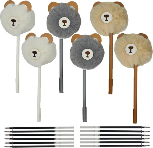 Maydahui 6 bolígrafos de gel con forma de oso de peluche, bola de piel esponjosa, bolígrafo de gel de dibujos animados, 12 recambios de bolígrafo de