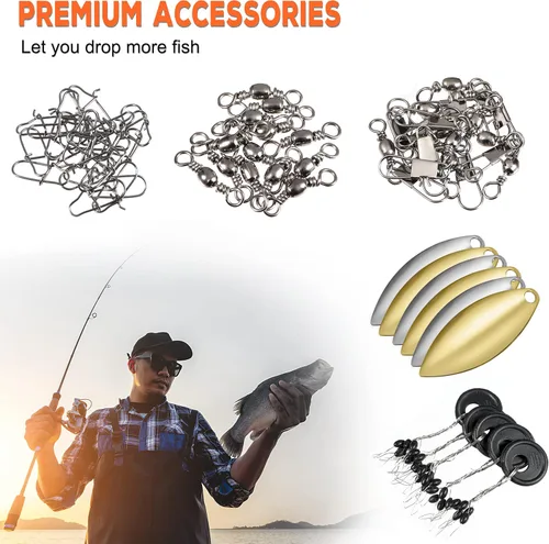 Miniatura 9 de PLUSINNO 253/387pcs Fishing Gear Accessories Kit, Fishing Tackle Box with Tackle Included, Fishing Hooks, Fishing Weights Sinkers, Spinner Blade