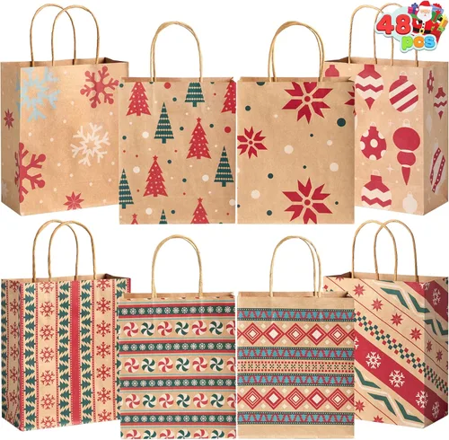 JOYIN 48 bolsas de papel kraft navideñas, bolsas de golosinas para envolver regalos con asa, personajes navideños para obsequios de fiestas