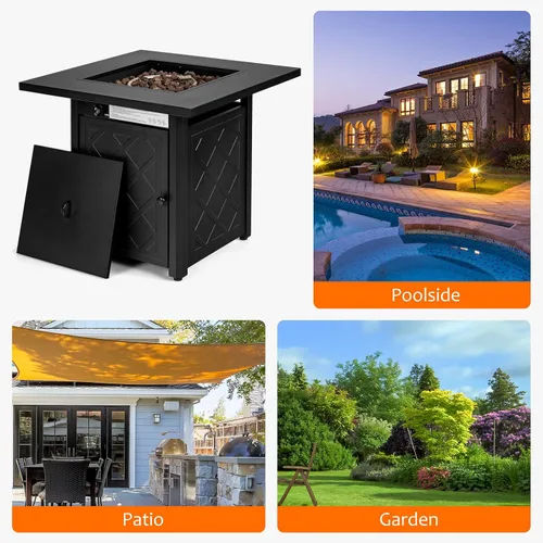 Miniatura 7 de COSTWAY Mesa para fogata de propano al aire libre de 28 pulgadas, mesa de gas para patio de 50,000 BTU, mesa cuadrada 2 en 1 con tapa y rocas