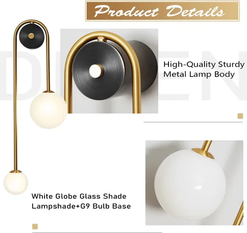 Miniatura 3 de Lámpara de pared moderna de mediados de siglo con forma de globo para interiores, 2 luces, color negro y dorado, con vidrio de leche, lámparas