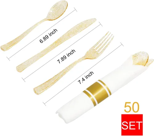 Miniatura 5 de DaYammi Juego de vajilla de 350 piezas con purpurina dorada, 50 platos de oro desechables para invitados, 50 platos llanos, 50 platos de postre, 50