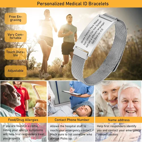 Miniatura 17 de VNOX Pulsera de identificación de alerta médica para hombres y mujeres, pulseras de alerta médica con grabado personalizado para mujeres y hombres