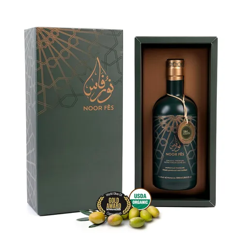 NOOR FÈS EVOO Set de regalo | Más de 20 premios | USDA Orgánico | 584 mg/kg de alto en polifenoles | Virgen extra | Finca de origen único | Aceite