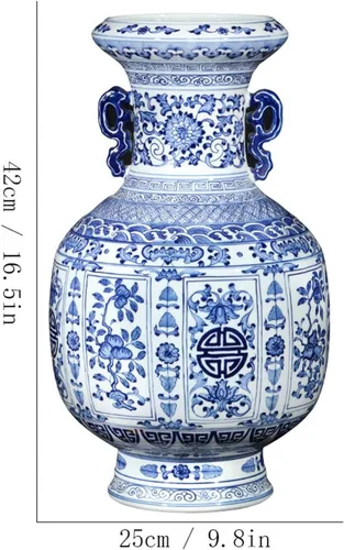 Miniatura 2 de Florero de escultura florero de cerámica chino retro pintado a mano azul y blanco, florero de porcelana grande de 16.5 pulgadas para decoración