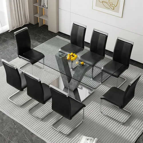 Miniatura 23 de Juego de mesa de comedor de vidrio de 71 pulgadas para 6, juego de mesa de comedor para 6, mesa de cocina moderna y 6 sillas de PU, parte superior 6