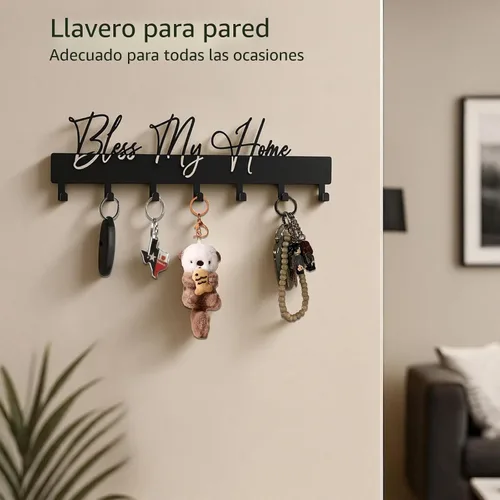 Miniatura 6 de Exquisito soporte de pared con frase de moda, ganchos para llaves Bless My Home para decoración de pared, colgador de llaves de metal negro con 7
