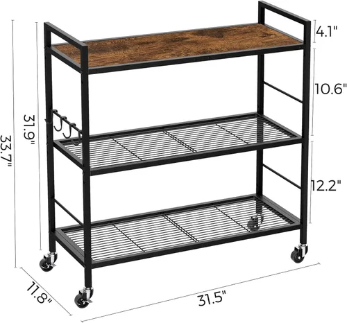 Miniatura 7 de Estante de almacenamiento de metal de 3 niveles con ruedas industriales, estantería de malla con mesa de madera, estante ajustable, 31.5 pulgadas