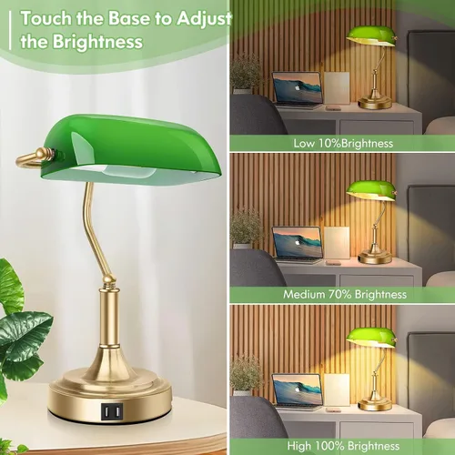 Miniatura 4 de Lámpara de banqueros con 2 puertos USB, control táctil, lámpara de escritorio de vidrio verde con base de latón, lámpara de escritorio vintage